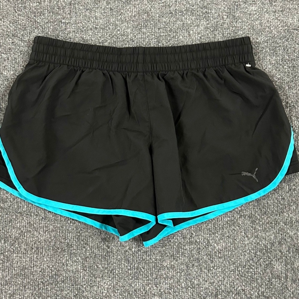 Puma Shorts Womens Size L Black Teal Trim Athletic Running Lightweight Lined